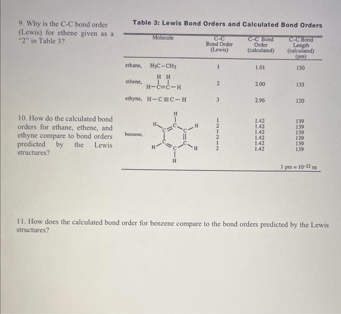 Solved 9. Why is the C−C bond order Table 3: Lewis Bond | Chegg.com