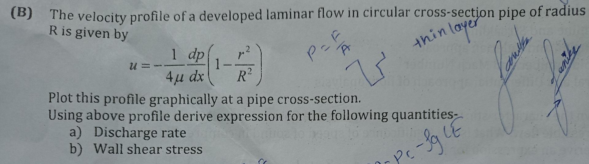 Solved (B) The velocity profile of a developed laminar flow | Chegg.com