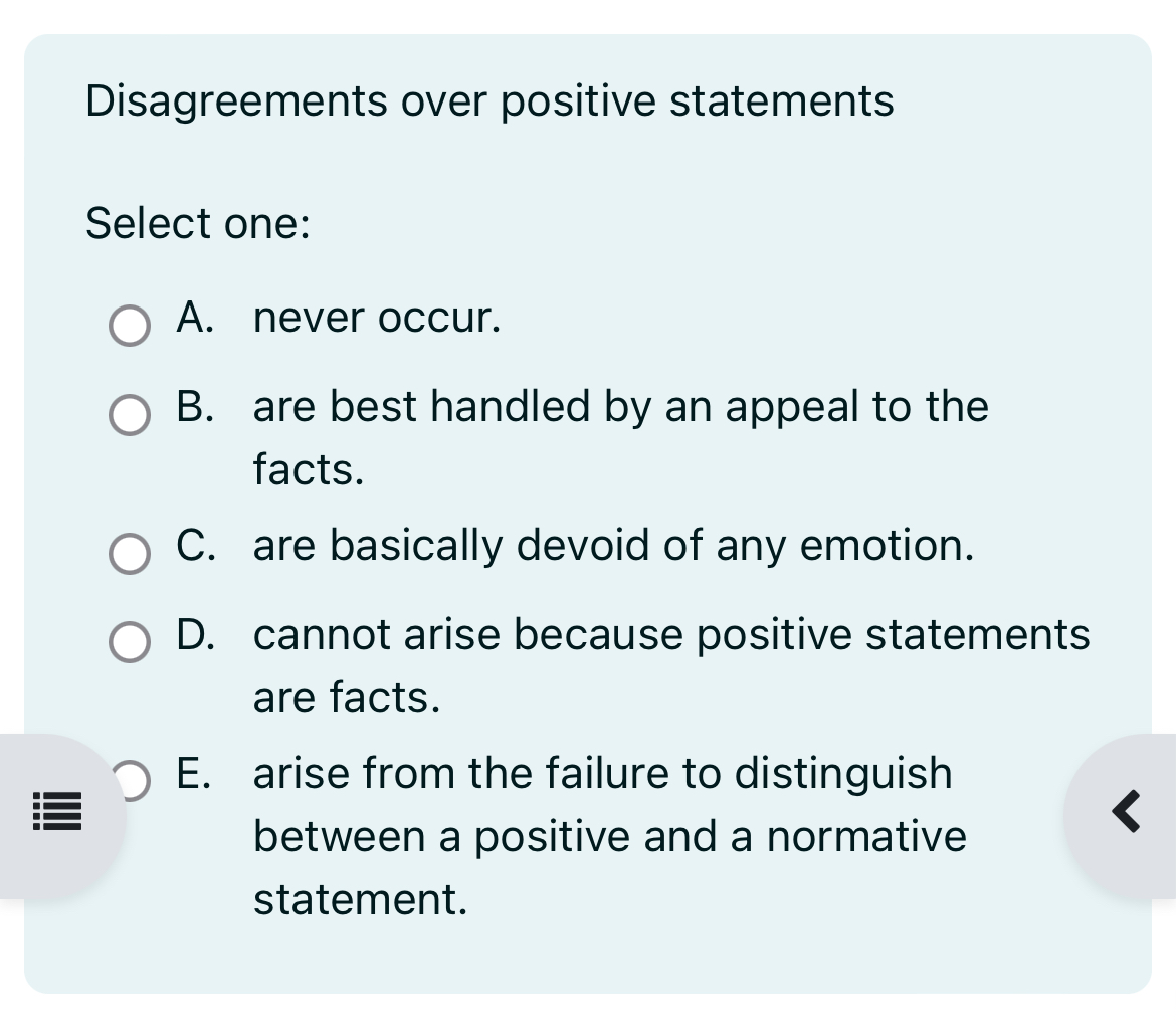 Solved Disagreements over positive statementsSelect one:A. | Chegg.com