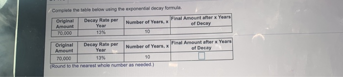 Solved Complete the table below using the exponential decay | Chegg.com