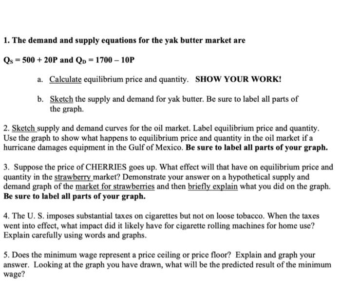 Solved 1. The Demand And Supply Equations For The Yak Butter | Chegg.com