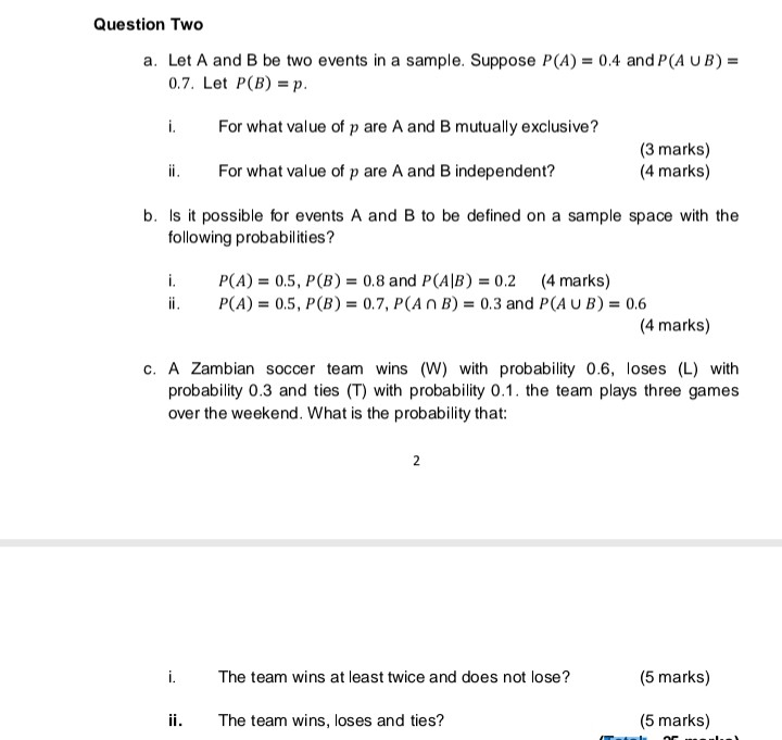 Solved Question Two A. Let A And B Be Two Events In A | Chegg.com