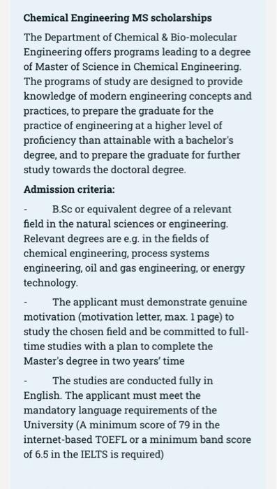 Solved Chemical Engineering MS scholarships The Department | Chegg.com