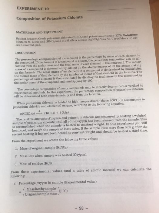 Experiment 10 Position Of Potassium Chlorate Chegg 