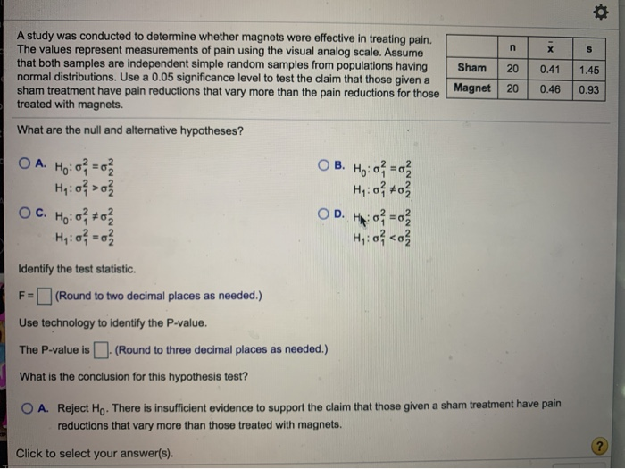 Solved A study was conducted to determine whether magnets | Chegg.com