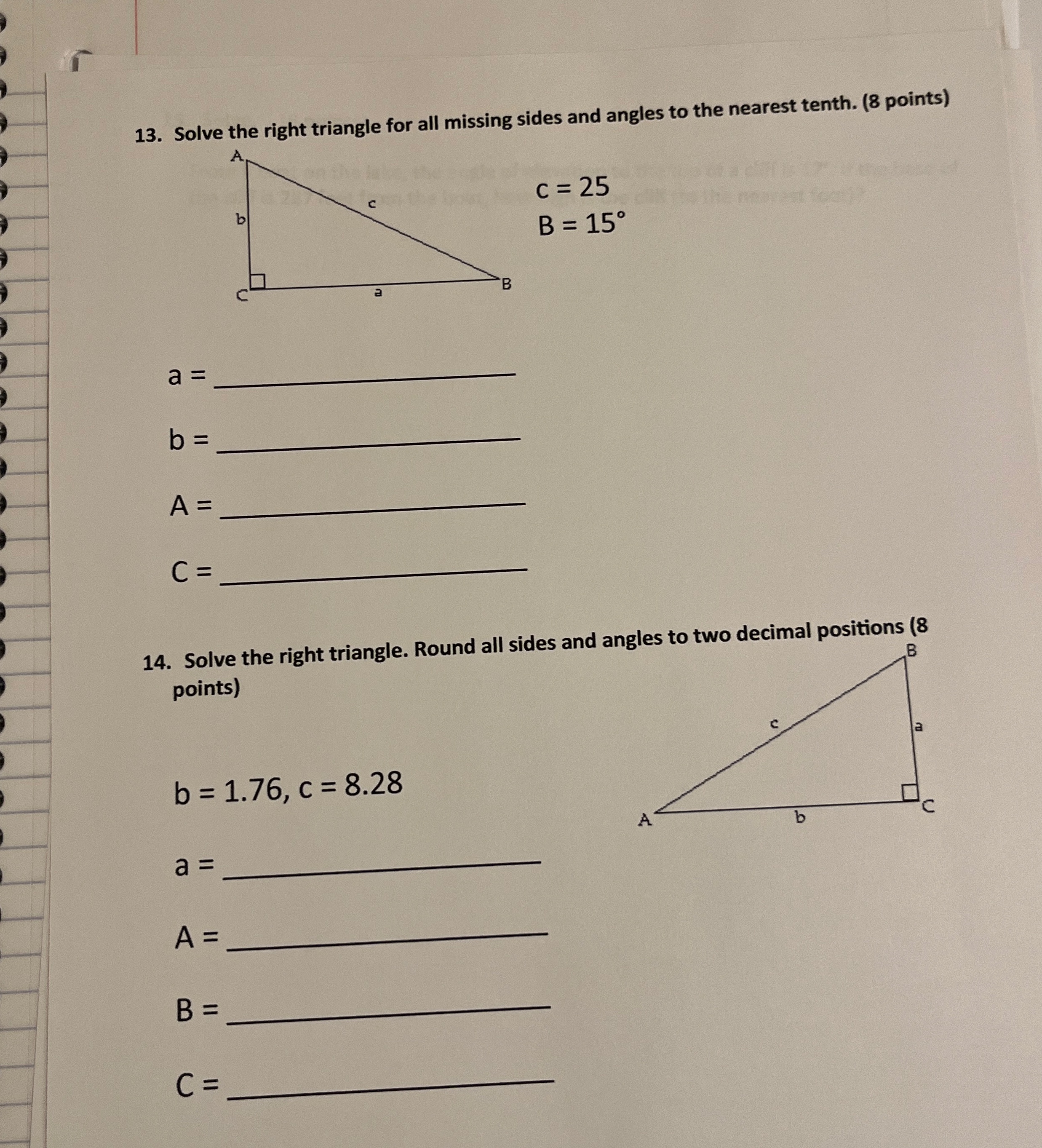 Solved Solve the right triangle for all missing sides and | Chegg.com