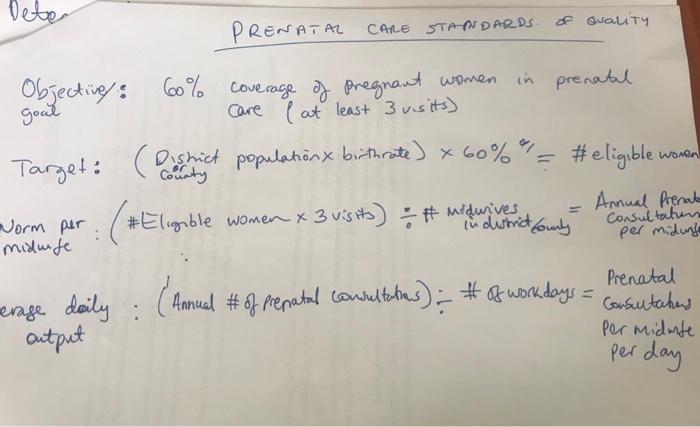 Deter of quality PRENATAL CARE STANDARDS. WOMA Target: (a Objectives: 60% coverage of pregnant women in prenatal goal care at