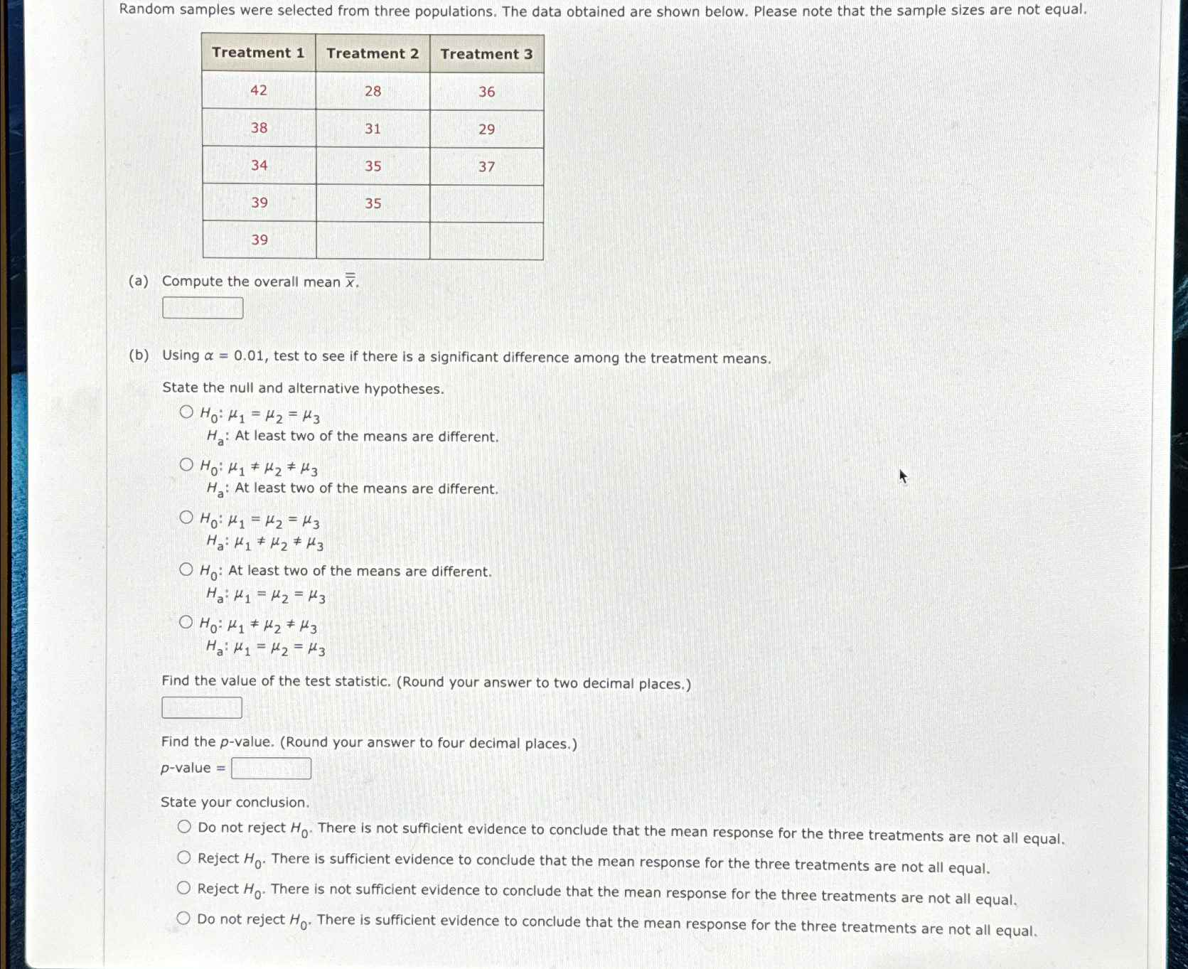 Solved Random samples were selected from three populations. | Chegg.com