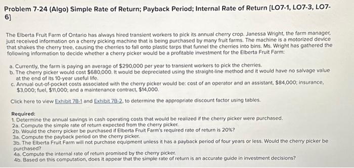 Solved Problem 7-24 (Algo) Simple Rate of Return; Payback | Chegg.com