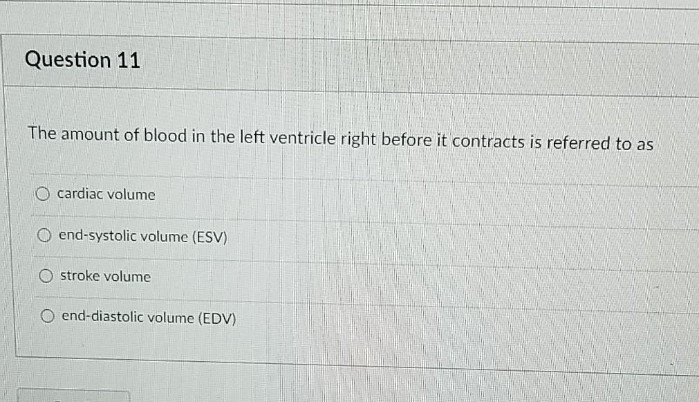 Solved Question 11 The amount of blood in the left ventricle | Chegg.com