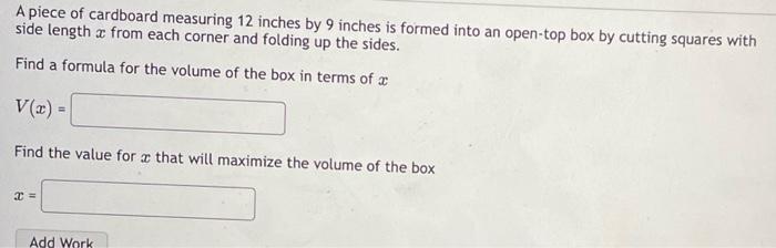 Solved A piece of cardboard measuring 12 inches by 9 inches | Chegg.com