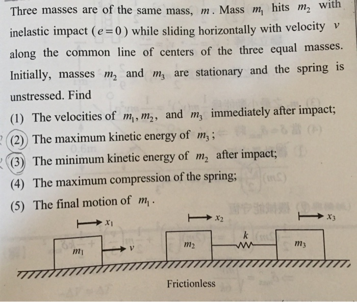 Solved Three masses are of the same mass. m. Mass m hits m2 | Chegg.com