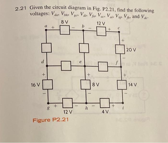 2.21 Given the circuit diagram in Fig. P2.21, find the following voltages: \( V_{d a}, V_{b h}, V_{g c}, V_{d i}, V_{f a}, V_