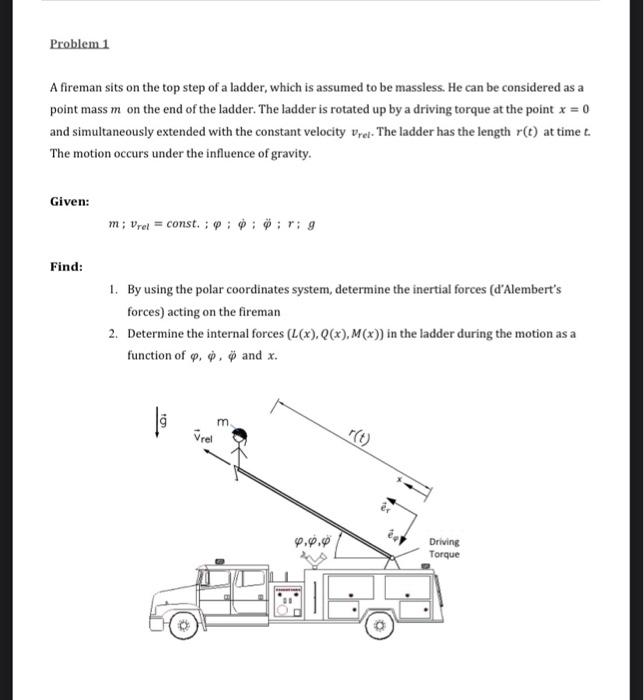 Solved Problem 1 A fireman sits on the top step of a ladder, | Chegg.com