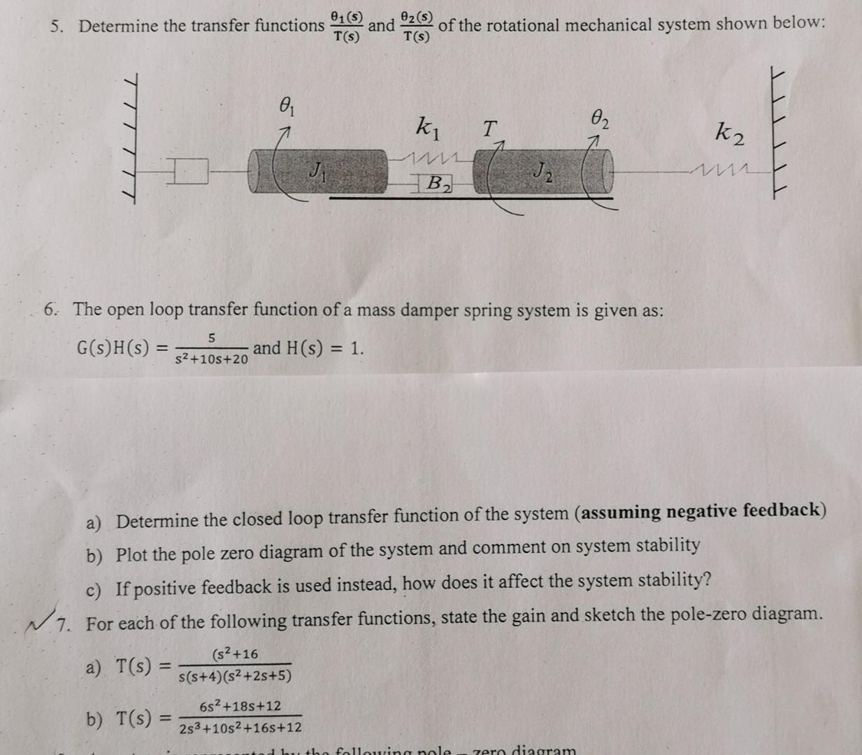 Solving Transfer Functions Solved 5. Determine the transfer functions T(s)θ1(s) and | Chegg.com
