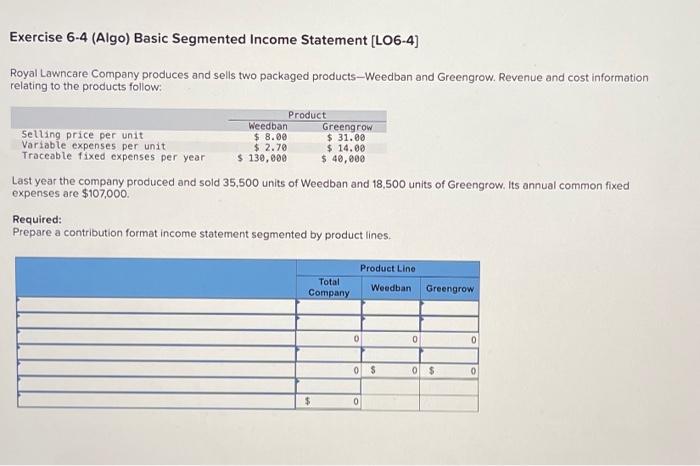 Solved Exercise 6-4 (Algo) Basic Segmented Income Statement | Chegg.com
