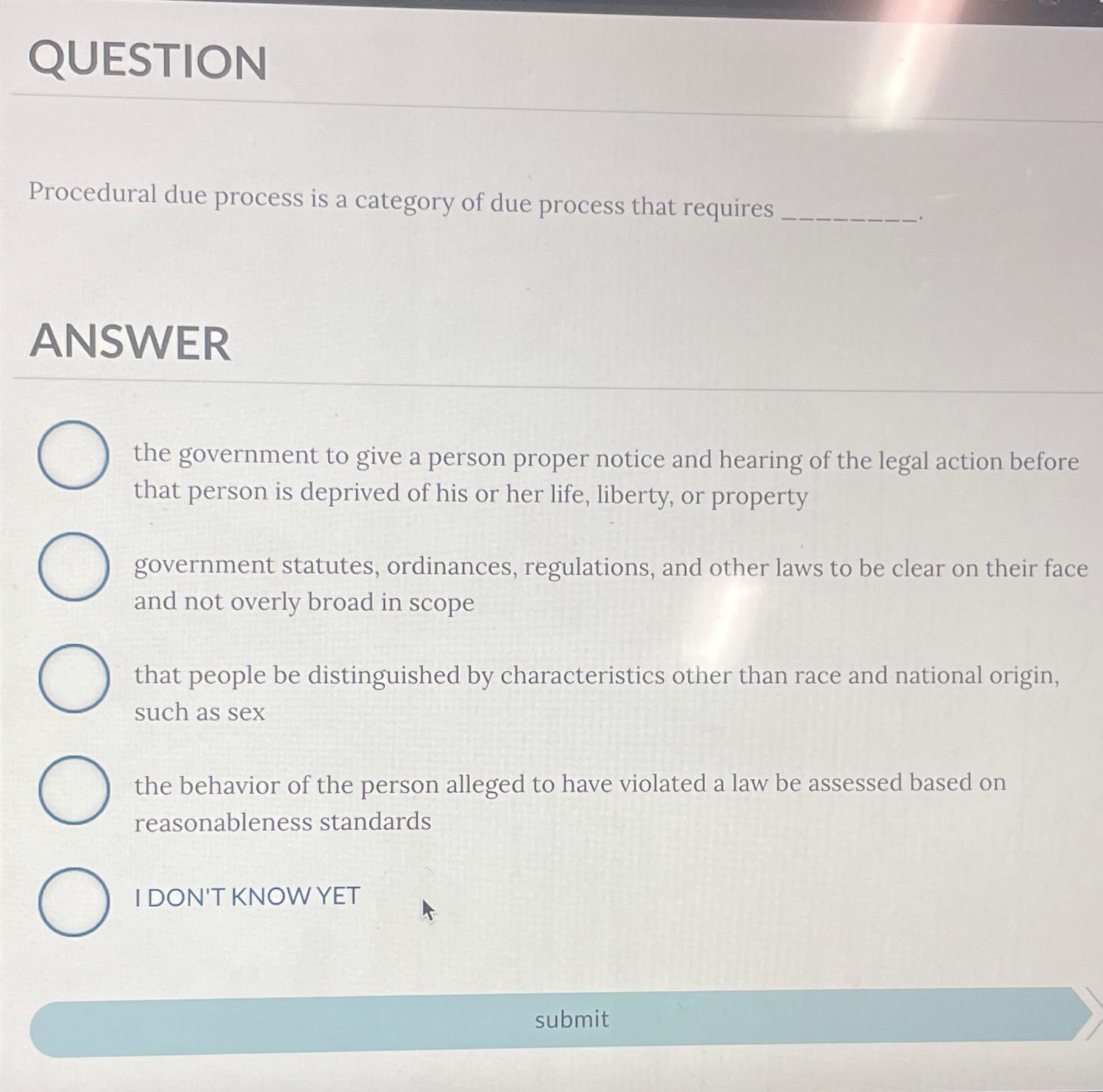 Solved QUESTIONProcedural due process is a category of due | Chegg.com