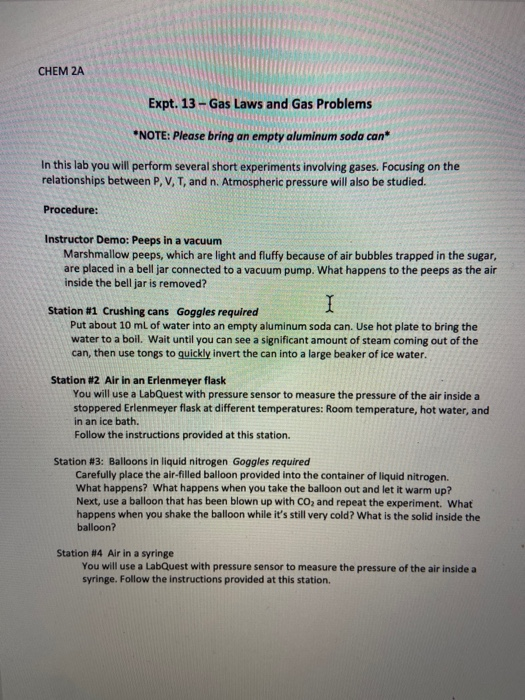 Solved CHEM ZA Expt. 13 - Gas Laws and Gas Problems *NOTE: | Chegg.com