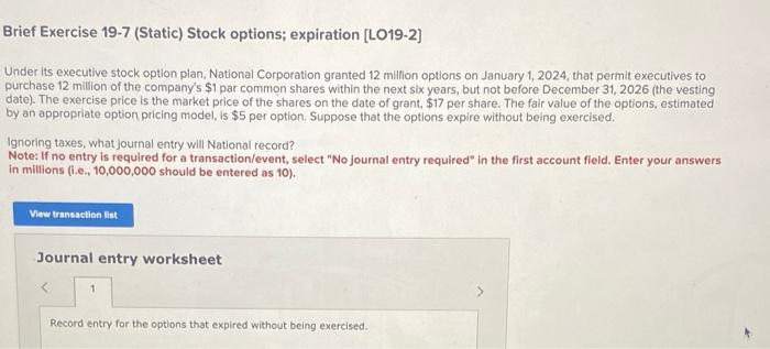 Solved Brief Exercise 19-7 (Static) Stock options; | Chegg.com