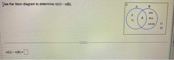 Solved YJse the Venn diagram to determine n(U)−n(B). | Chegg.com