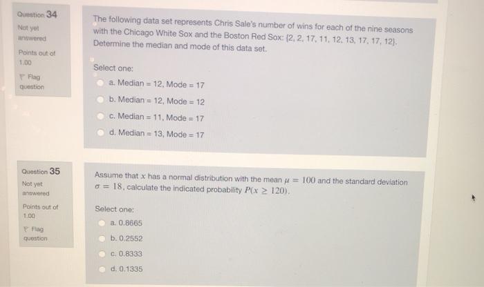 Solved Question 34 The following data set represents Chris | Chegg.com