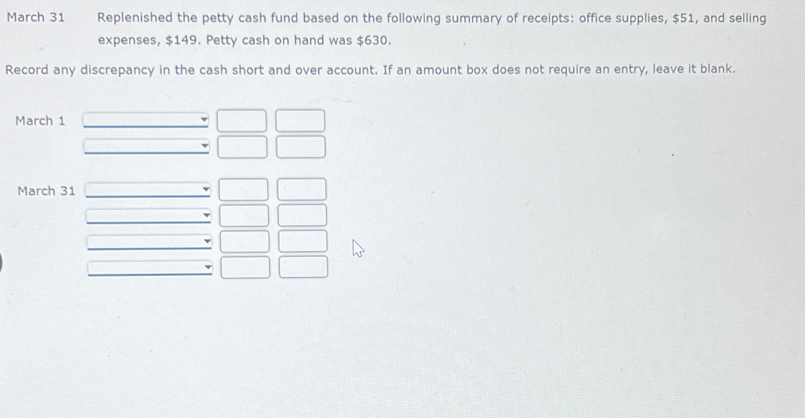 March 31 ﻿Replenished the petty cash fund based on