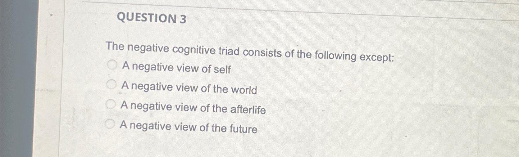 Solved QUESTION 3The negative cognitive triad consists of | Chegg.com