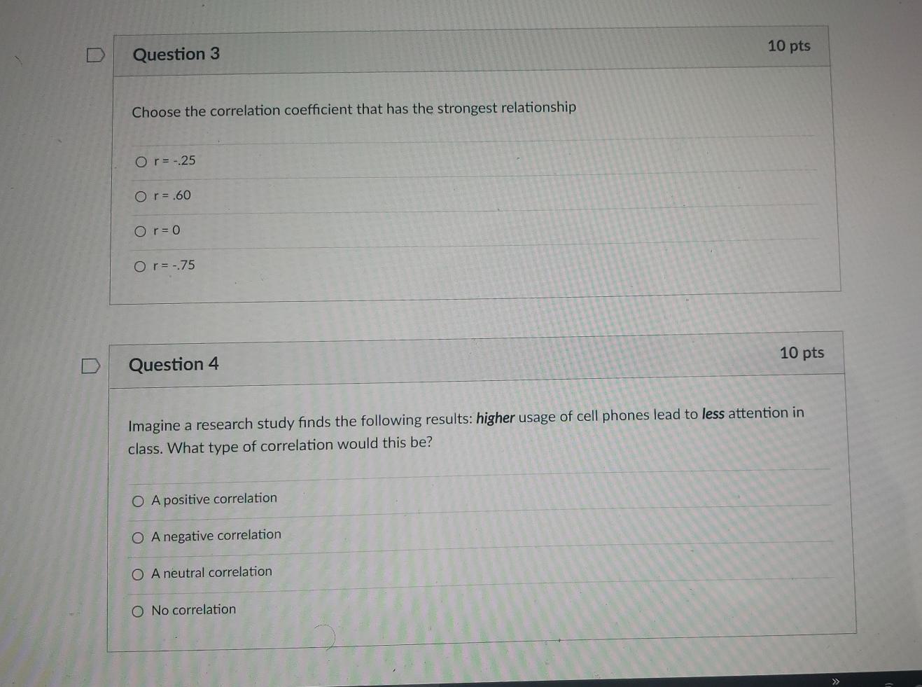 Solved 10 pts Question 3 Choose the correlation coefficient | Chegg.com