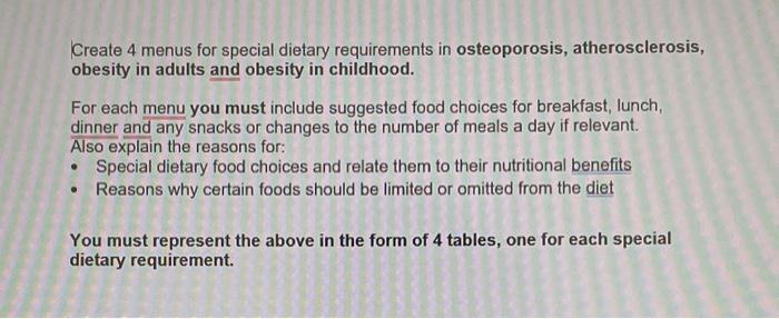 Solved Create 4 menus for special dietary requirements in | Chegg.com