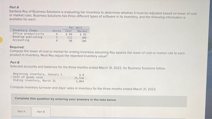 Solved Part A Part B Compute Inventory Turnover And Days' | Chegg.com