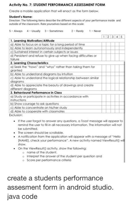 Solved Activity No. 7: STUDENT PERFORMANCE ASSESSMENT FORM | Chegg.com