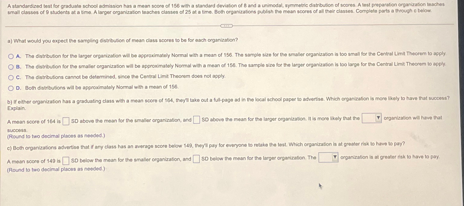 Solved A standardized test for graduate school admission has | Chegg.com