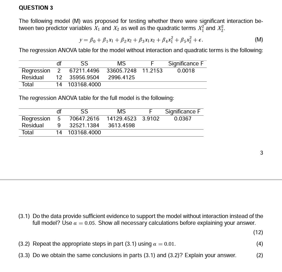 Solved QUESTION 3 The following model (M) was proposed for | Chegg.com