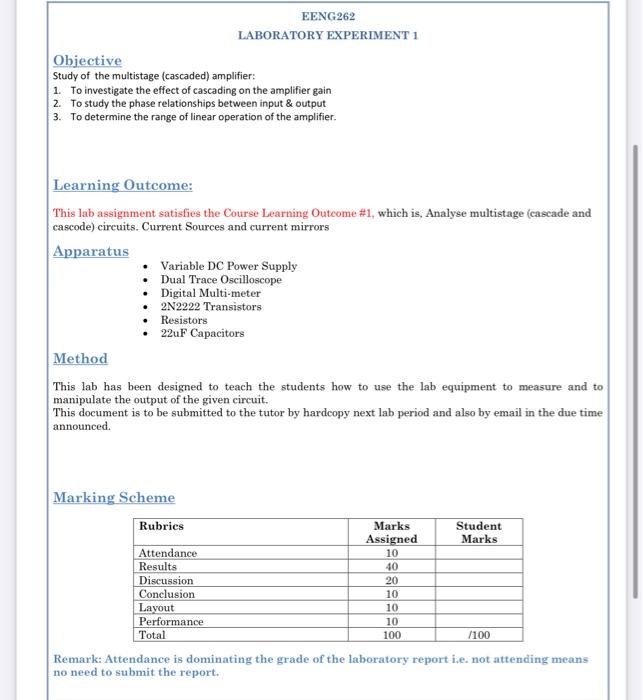 Solved EENG262 LABORATORY EXPERIMENT 1 Objective Study of | Chegg.com