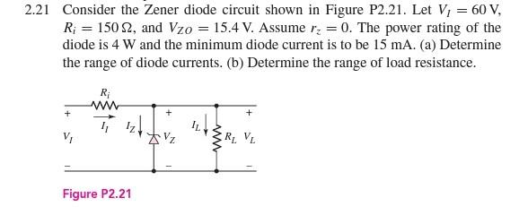 2.21 Consider the Zener diode circuit shown in Figure P2.21. Let V? = 60 V,
R; = 1502, and Vzo = 15.4 V. Assume r? = 0. The p