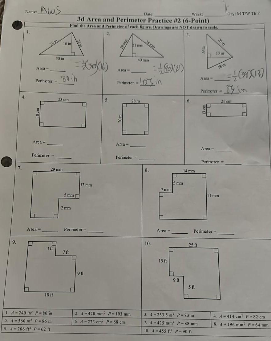 Solved Name: AWS Date: Week: Day: M T/W Th F 3d Area and | Chegg.com