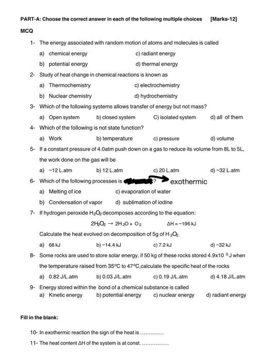 Solved PART-A: Choose the correct answer in each of the | Chegg.com