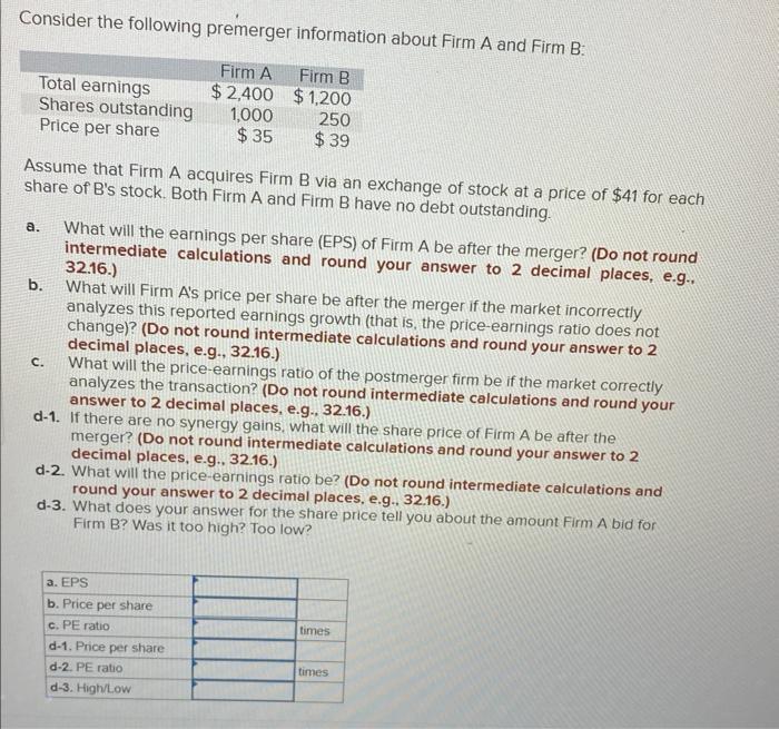 Solved Consider The Following Premerger Information About | Chegg.com