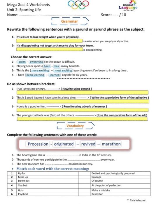 Mega Goal 4 Worksheets English Language Unit 2 Chegg Com