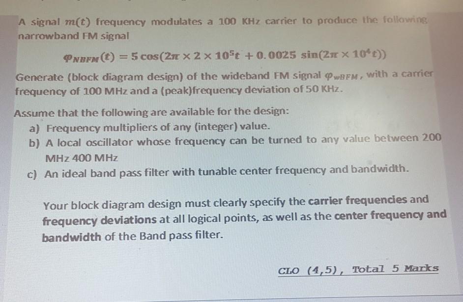 Solved A signal m(t) frequency modulates a 100 KHz carrier
