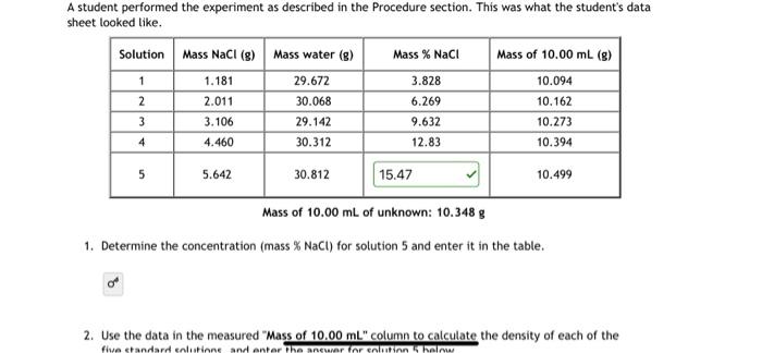 Solved A student performed the experiment as described in | Chegg.com