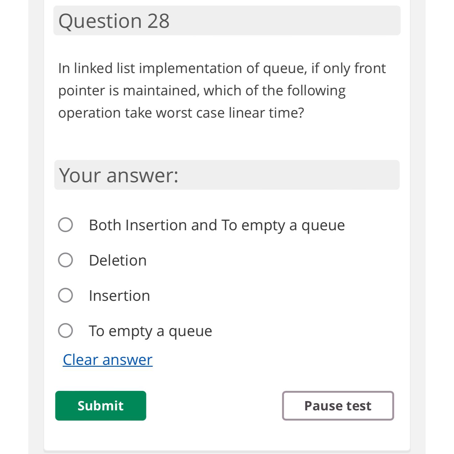 Solved Question 28In linked list implementation of queue, if | Chegg.com
