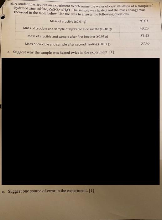Solved 30.03 10. A student carried out an experiment to | Chegg.com