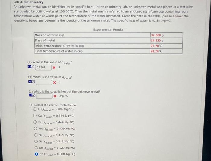 Solved Lab 4 Calorimetry An unknown metal can be identified
