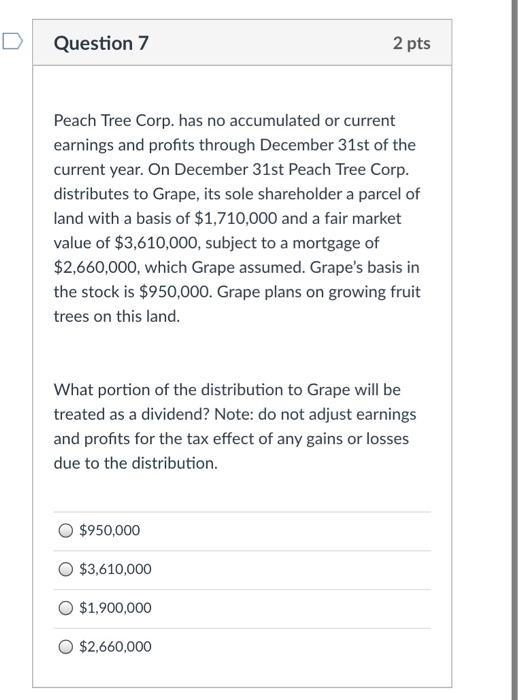 Solved Question 7 2 pts Peach Tree Corp. has no accumulated