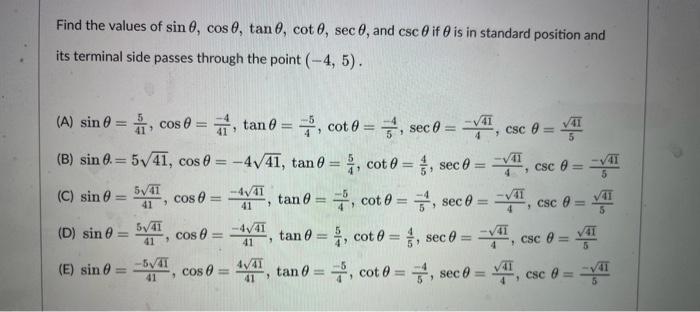 Solved Find the values of sinθ,cosθ,tanθ,cotθ,secθ, and cscθ | Chegg.com