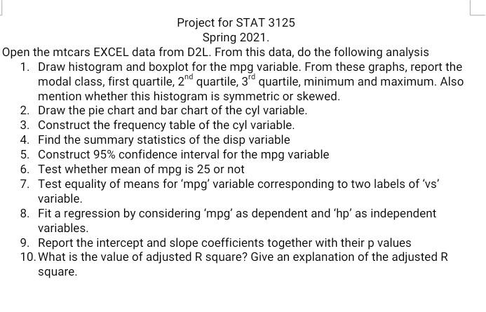 Project for STAT 3125 Spring 2021 Open the mtcars | Chegg.com