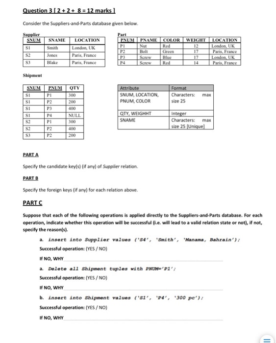 Question 3 2 + 2 + 8 = 12 marks 1 Consider the Suppliers-and-Parts database given below. Part SNAME LOCATION Supplier SNUM SI