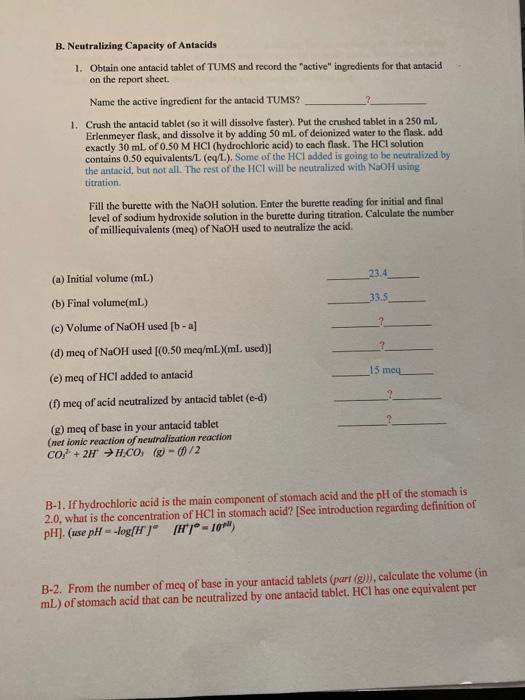 Solved Acid, Bases and Antacids Experiment 8 Data & Report