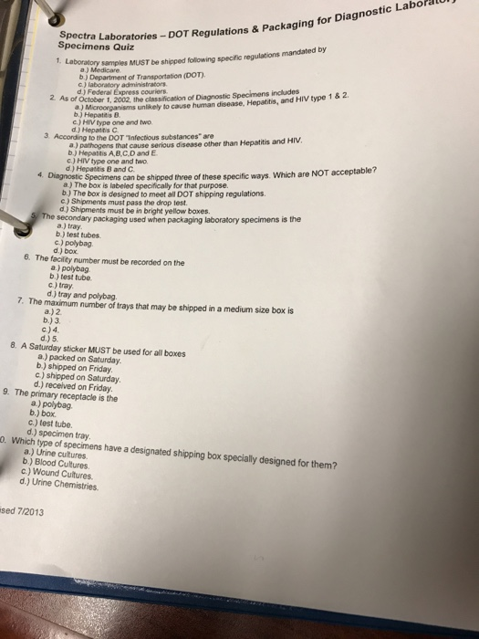 Solved Spectra Laboratories DOT Regulations & Packaging for